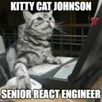 Coding Cat | KITTY CAT JOHNSON; SENIOR REACT ENGINEER | image tagged in coding cat | made w/ Imgflip meme maker