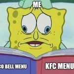cross eyed spongebob | ME TACO BELL MENU KFC MENU | image tagged in cross eyed spongebob | made w/ Imgflip meme maker