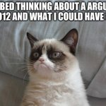 Grumpy Cat Bed | ME IN BED THINKING ABOUT A ARGUMENT IN 2012 AND WHAT I COULD HAVE SAID | image tagged in memes,grumpy cat bed,grumpy cat | made w/ Imgflip meme maker