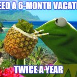 Need a Vacation | I NEED A 6-MONTH VACATION; TWICE A YEAR | image tagged in vacation kermit | made w/ Imgflip meme maker