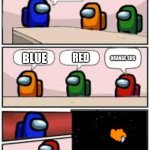 among us | WHO IS IMPOSTOR; ORANGE SUS; BLUE; RED | image tagged in among us meeting | made w/ Imgflip meme maker