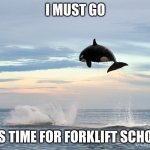 I Must Go | I MUST GO; IT'S TIME FOR FORKLIFT SCHOOL | image tagged in flying orca,i must go,forklift,forklift school | made w/ Imgflip meme maker