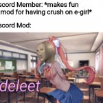 Just Meme Man | Discord Member: *makes fun of mod for having crush on e-girl*; Discord Mod: | image tagged in deleet | made w/ Imgflip meme maker
