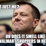 Peter Strzok | IS IT JUST ME? OR DOES IT SMELL LIKE WALMART SHOPPERS IN HERE? | image tagged in walmart life,fbi investigation,donald trump,hurricanes | made w/ Imgflip meme maker