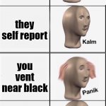 Among us paniks | You are impostor; Orange  did early meeting and accuses you; they self report; you vent near black; he is also impostor; Black does a meeting and everyone accuses you because he was saying you vented | image tagged in kalm panik kalm panik kalm panik | made w/ Imgflip meme maker