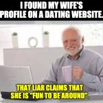 Dating Site | I FOUND MY WIFE'S PROFILE ON A DATING WEBSITE. THAT LIAR CLAIMS THAT SHE IS "FUN TO BE AROUND". | image tagged in harold | made w/ Imgflip meme maker