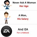 Never Ask a Woman Her Age | And EA; For a Refund | image tagged in never ask a woman her age,memes,electronic arts,funny,so true memes | made w/ Imgflip meme maker