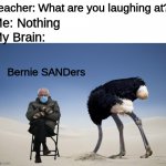 i have gotten the stonks. | Teacher: What are you laughing at? Me: Nothing; My Brain:; Bernie SANDers | image tagged in ostrich head in sand,memes,funny,gifs | made w/ Imgflip meme maker