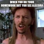 Joe Dirt Hwat?? | WHEN YOU DO YOUR HOMEWORK BUT YOU SEE ALGEBRA | image tagged in joe dirt hwat | made w/ Imgflip meme maker