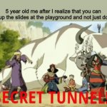 face it this was our childhood | 5 year old me after I realize that you can go up the slides at the playground and not just down | image tagged in secret tunnel | made w/ Imgflip meme maker