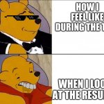 Winnie the Pooh | HOW I FEEL LIKE DURING THE TEST; WHEN I LOOK AT THE RESULTS | image tagged in winnie the pooh | made w/ Imgflip meme maker