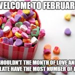 valentine conversation hearts | WELCOME TO FEBRUARY; SHOULDN'T THE MONTH OF LOVE AND CHOCOLATE HAVE THE MOST NUMBER OF DAYS?? | image tagged in valentine conversation hearts | made w/ Imgflip meme maker