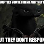 why it be like this tho | WHEN YOU TEXT YOU'RE FRIEND AND THEY READ IT; BUT THEY DON'T RESPOND | image tagged in toothless is not inpressed | made w/ Imgflip meme maker