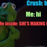*sweats profusely* | Crush: hi; Me: hi; Me inside: SHE’S MAKING FUN OF ME | image tagged in nervous kermit,kermit the frog,crush,when your crush,memes,nervous | made w/ Imgflip meme maker