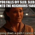 youre going down a path i cannot follow | YOU:FALLS OFF SLED. SLED: GOES INTO THE NEIGHBORS YARD. YOU: | image tagged in youre going down a path i cannot follow | made w/ Imgflip meme maker