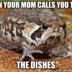 Grumpy Toad | WHEN YOUR MOM CALLS YOU TO DO THE DISHES | image tagged in memes,grumpy toad | made w/ Imgflip meme maker