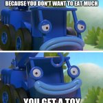 Just give me apple slices and it'll last me the whole day. | YOU BUY A HAPPY MEAL FROM MCDONALDS BECAUSE YOU DON'T WANT TO EAT MUCH; YOU GET A TOY | image tagged in lofty's good ending | made w/ Imgflip meme maker