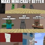 Minecraft boardroom meeting | GUYS, HOW DO WE MAKE MINECRAFT BETTER MAKE STRONGER ZOMBIES MAKE DIAMOND BOWS MAKE IRON GOLEMS KILL CREEPERS O CRAP, I FORGOT THE MANAGER WA | image tagged in minecraft boardroom meeting | made w/ Imgflip meme maker