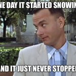 Forrest Gump Face | ONE DAY IT STARTED SNOWING; AND IT JUST NEVER STOPPED | image tagged in forrest gump face | made w/ Imgflip meme maker