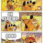 This is Fine Dog | THIS IS FINE; OH TEA TIME; OH NO | image tagged in this is fine dog | made w/ Imgflip meme maker