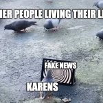 pigeon looking at screen | OTHER PEOPLE LIVING THEIR LIVES; FAKE NEWS; KARENS | image tagged in pigeon looking at screen,karen | made w/ Imgflip meme maker