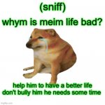 cheems seems down :( | whym is meim life bad? (sniff); help him to have a better life don't bully him he needs some time | image tagged in cheems sad | made w/ Imgflip meme maker