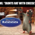 RUN THEY’RE FIGHTING BACK!! | ME: *TAUNTS RAT WITH CHEESE*; RAT: | image tagged in ratatatata,comeback,run | made w/ Imgflip meme maker