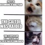 Screaming Cats | 2021 IS BECOMING A BAD YEAR; THE CAITOL WAS RAIDED; THE 2 TOYS R US STORES CLOSED AFTER A FAILED COMEBACK | image tagged in screaming cats | made w/ Imgflip meme maker