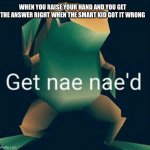 Nae nae | WHEN YOU RAISE YOUR HAND AND YOU GET THE ANSWER RIGHT WHEN THE SMART KID GOT IT WRONG | image tagged in get nae naed | made w/ Imgflip meme maker
