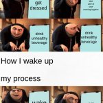 me vs my parents #1 | How my dad remembers to wake up; his process; get dressed; take care of your morning hygiene; drink unhealthy beverage; drink unhealthy beverage; How I wake up; my process; wake up; eat breakfast; get dressed; get dressed | image tagged in double gru's plan | made w/ Imgflip meme maker