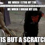hurt | ME WHEN I STUB MY TOE: AAAAAAAAAAAUUUUUUUUUUUUUUGGGGGGGGGGGGGHHHHHHHHHH
ME WHEN I BREAK MY LEG:; TIS BUT A SCRATCH | image tagged in tis but a scratch,funny memes | made w/ Imgflip meme maker