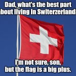 International Dad Joke | Dad, what's the best part about living in Switerzerland? I'm not sure, son, but the flag is a big plus. | image tagged in swiss flag,dad joke,pun,bad pun,humor,funny | made w/ Imgflip meme maker