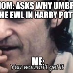 Parents be like | MY MOM: ASKS WHY UMBRIDGE IS THE EVIL IN HARRY POTTER. ME: | image tagged in you wouldnt get it | made w/ Imgflip meme maker