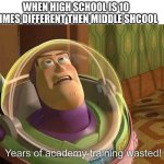 Years of avademy training wasted | WHEN HIGH SCHOOL IS 10 TIMES DIFFERENT THEN MIDDLE SHCOOL | image tagged in years of avademy training wasted | made w/ Imgflip meme maker