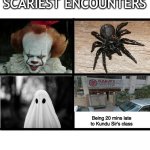  4 Scary things | SCARIEST ENCOUNTERS; Being 20 mins late to Kundu Sir's class | image tagged in 4 scary things | made w/ Imgflip meme maker