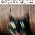 It really is like that tho | Nobody:
My body when it does that fake
fall thing while I'm trying to sleep | image tagged in cat falling off table,meme,funny,relatable,body,my brain | made w/ Imgflip meme maker