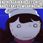 Jaiden sweating nervously | WHEN THE ASAIN KID GETS HIS TEST BACK AND STARTS SWEARING IN CHINES | image tagged in jaiden sweating nervously | made w/ Imgflip meme maker