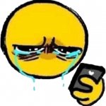 Crying cursed emoji looking at phone