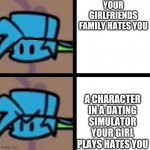 bee boo skidoo beedopa | YOUR GIRLFRIENDS FAMILY HATES YOU; A CHARACTER IN A DATING SIMULATOR YOUR GIRL PLAYS HATES YOU | image tagged in fnf | made w/ Imgflip meme maker
