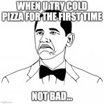 cold pizza | WHEN U TRY COLD PIZZA FOR THE FIRST TIME; NOT BAD... | image tagged in memes,not bad obama | made w/ Imgflip meme maker