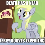 Derpy Hooves facts | DEATH HAS A NEAR; DERPY HOOVES EXPERIENCE | image tagged in derpy hooves facts | made w/ Imgflip meme maker