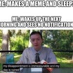idk | ME: MAKES A MEME AND SLEEPS ME: WAKES UP THE NEXT MORNING AND SEES NO NOTIFICATIONS | image tagged in my dissapointment is immeasurable and my day is ruined,memes,imgflip | made w/ Imgflip meme maker