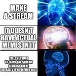 The date of my stream | MAKE A STREAM; IT DOESN'T HAVE ACTUAL MEMES IN IT; TELL EVERYONE TO LEAVE THE STREAM BECAUSE THERE LITERALLY IS NO MEMES IN IT | image tagged in de-expanding brain 3 panels | made w/ Imgflip meme maker