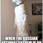 nosy cat standing | WHEN THE RUSSIAN NATIONAL ANTHEM IS ON | image tagged in nosy cat standing | made w/ Imgflip meme maker