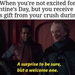 What a surprise | When you're not excited for Valentine's Day, but you receive a big Valentine's gift from your crush during that day | image tagged in a suprise to be sure but a welcome one,funny,memes,meme,blank white template,valentine's day | made w/ Imgflip meme maker