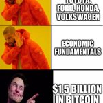 Drake three panel | GMC, TOYOTA, FORD, HONDA, VOLKSWAGEN; ECONOMIC FUNDAMENTALS; $1.5 BILLION IN BITCOIN | image tagged in drake three panel,bitcoin,elon musk | made w/ Imgflip meme maker