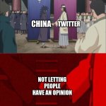 Opinions... What is that? | TWITTER; CHINA; NOT LETTING PEOPLE HAVE AN OPINION | image tagged in anime handshake | made w/ Imgflip meme maker