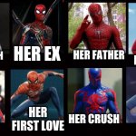 Your crush / her father meme | HER BROTHER; HER FATHER; YOUR CRUSH; HER EX; HER STEPBROTHER; HER CRUSH; YOU; HER FIRST LOVE | image tagged in your crush / her father meme,spiderman | made w/ Imgflip meme maker