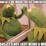 Kermit Mirror | IT'S GONNA BE A DAY WHERE YOU SEE YOUR REFLECTION... AND SAY "IT'S NOT EASY BEING A MIRROR" | image tagged in kermit mirror | made w/ Imgflip meme maker