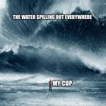 When you accidentally overflow you cup- | THE WATER SPILLING OUT EVERYWHERE; MY CUP | image tagged in tidal wave | made w/ Imgflip meme maker